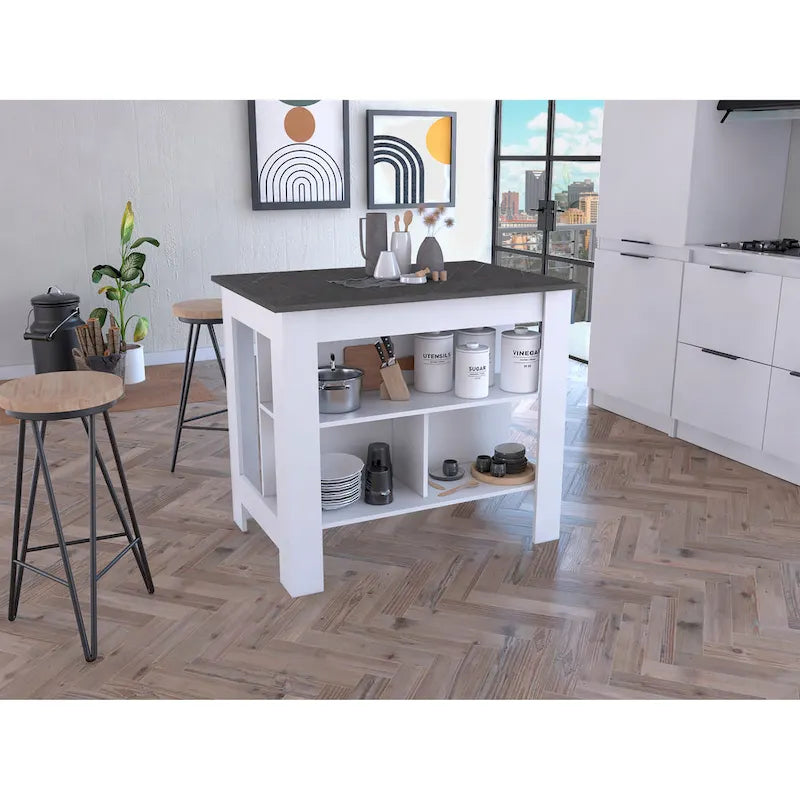 Îlot de cuisine avec quatre pieds, trois étagères