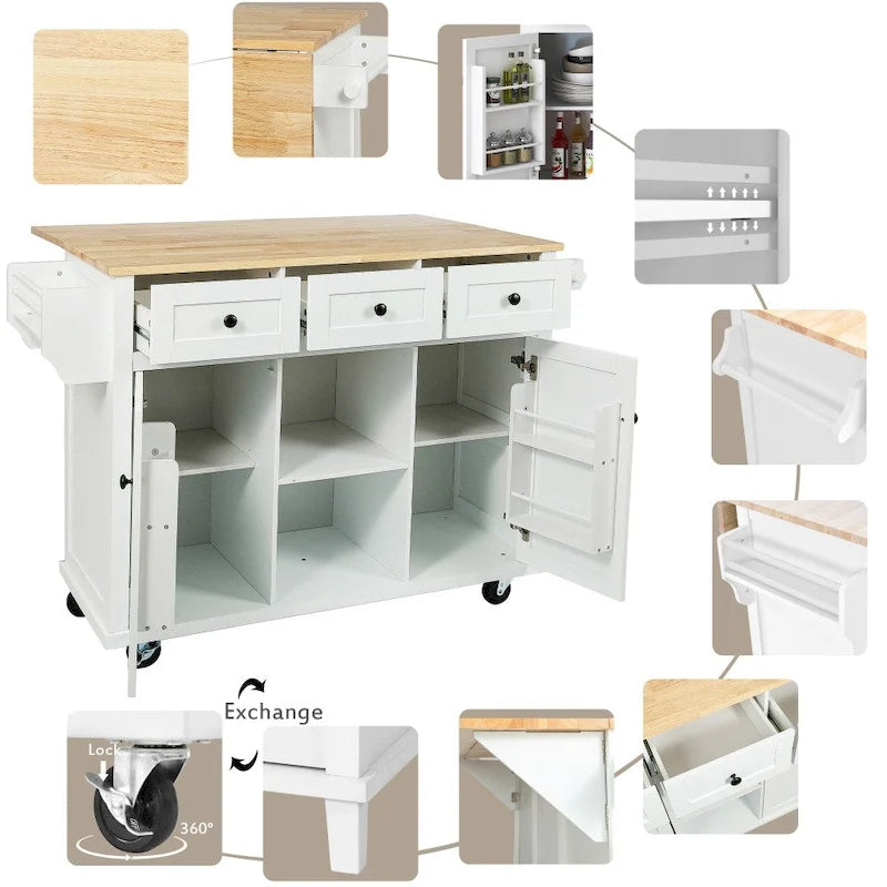 Îlot de cuisine en MDF de 53 po de largeur avec comptoir et armoire de rangement