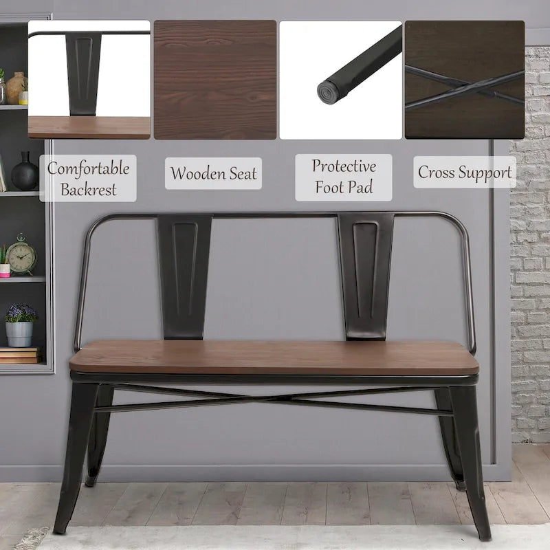Banc de salle à manger, Banc d'entrée avec dossier, Banc de salle à manger en métal style ferme, Banc industriel du milieu du siècle pour 3 personnes, Assise en bois