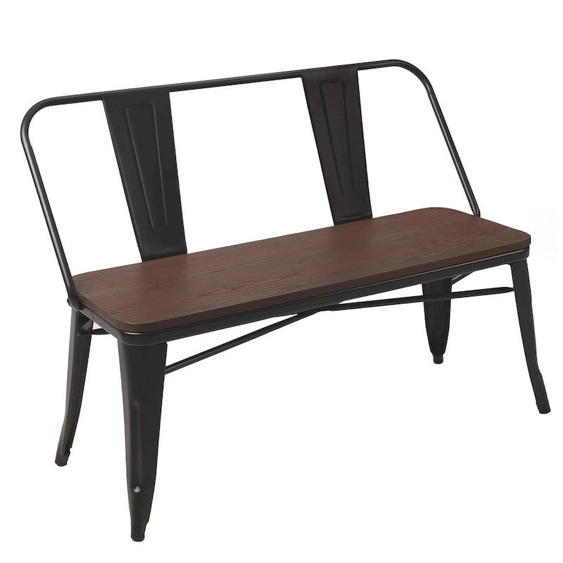Banc de salle à manger, Banc d'entrée avec dossier, Banc de salle à manger en métal style ferme, Banc industriel du milieu du siècle pour 3 personnes, Assise en bois