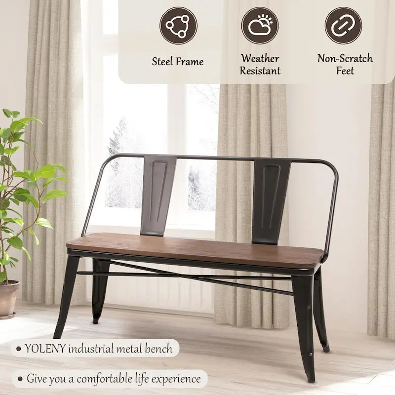 Banc de salle à manger, Banc d'entrée avec dossier, Banc de salle à manger en métal style ferme, Banc industriel du milieu du siècle pour 3 personnes, Assise en bois