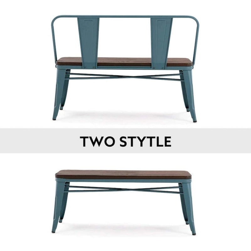 Banc de salle à manger, Banc d'entrée avec dossier, Banc de salle à manger en métal style ferme, Banc industriel du milieu du siècle pour 3 personnes, Assise en bois