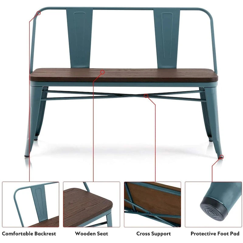 Banc de salle à manger, Banc d'entrée avec dossier, Banc de salle à manger en métal style ferme, Banc industriel du milieu du siècle pour 3 personnes, Assise en bois