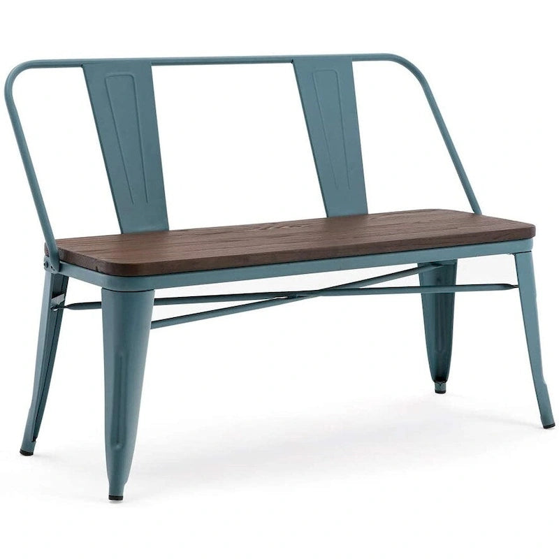 Banc de salle à manger, Banc d'entrée avec dossier, Banc de salle à manger en métal style ferme, Banc industriel du milieu du siècle pour 3 personnes, Assise en bois