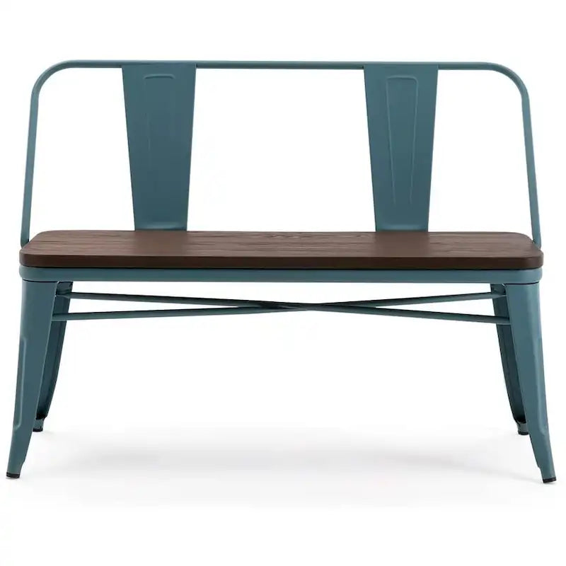 Banc de salle à manger, Banc d'entrée avec dossier, Banc de salle à manger en métal style ferme, Banc industriel du milieu du siècle pour 3 personnes, Assise en bois