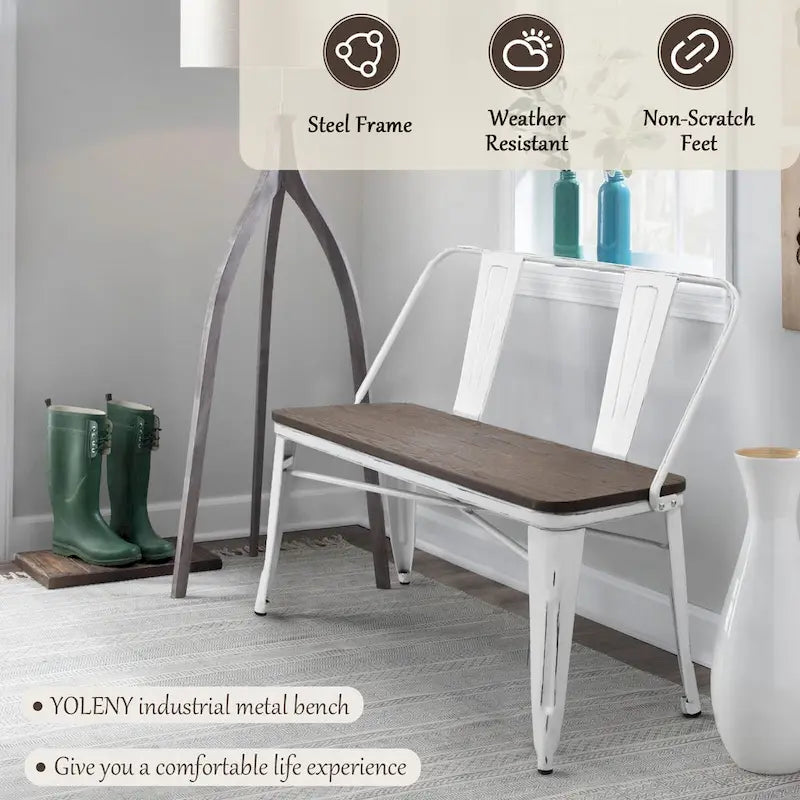 Banc de salle à manger, Banc d'entrée avec dossier, Banc de salle à manger en métal style ferme, Banc industriel du milieu du siècle pour 3 personnes, Assise en bois