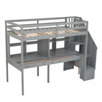 Cadre de lit mezzanine simple avec escalier de rangement, deux bureaux et étagères, gris