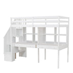 Cadre de lit mezzanine simple avec escalier de rangement, deux bureaux et étagères, gris
