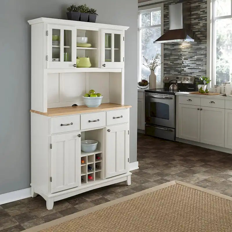Vaisselier Buffet de Buffets blanc cassé avec surmeuble et plateau en bois