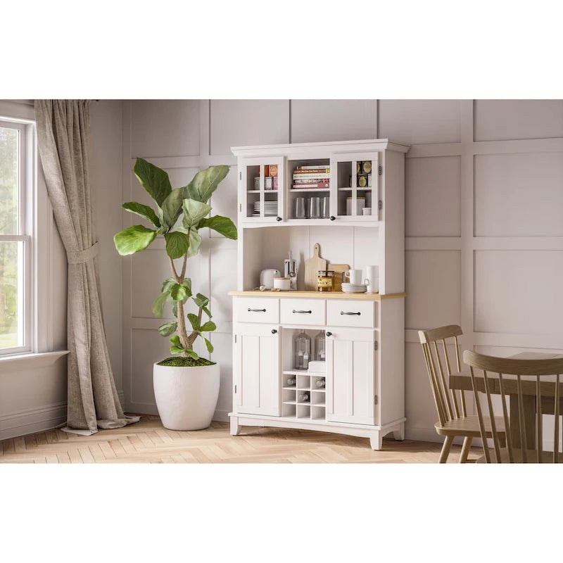 Vaisselier Buffet de Buffets blanc cassé avec surmeuble et plateau en bois