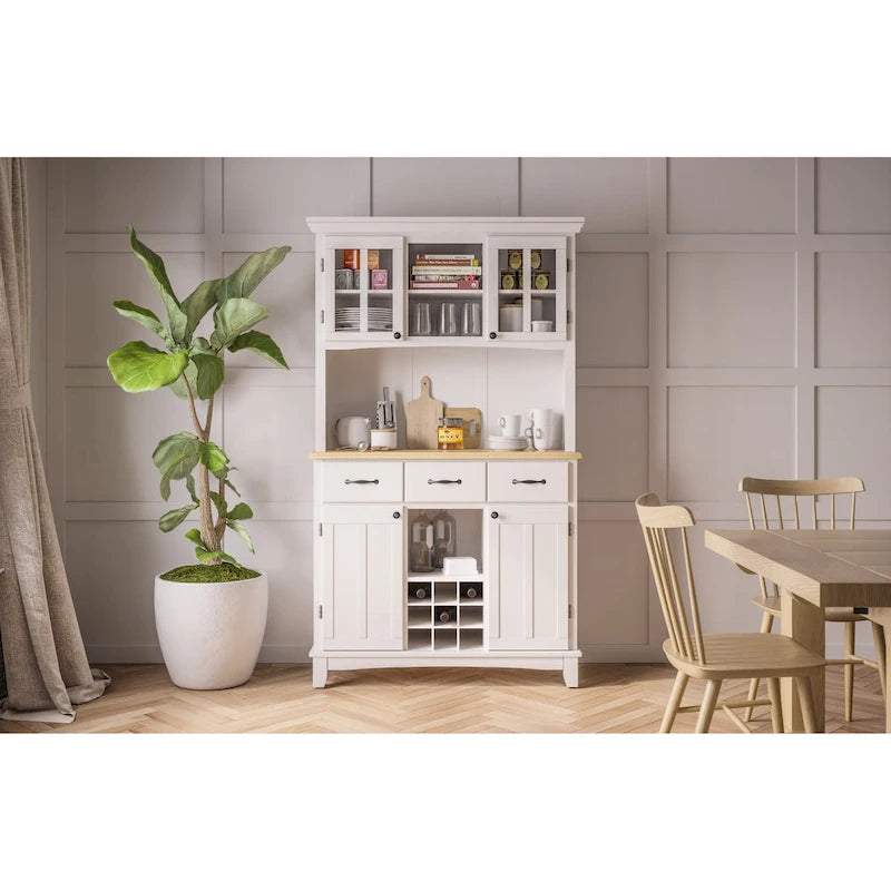 Vaisselier Buffet de Buffets blanc cassé avec surmeuble et plateau en bois