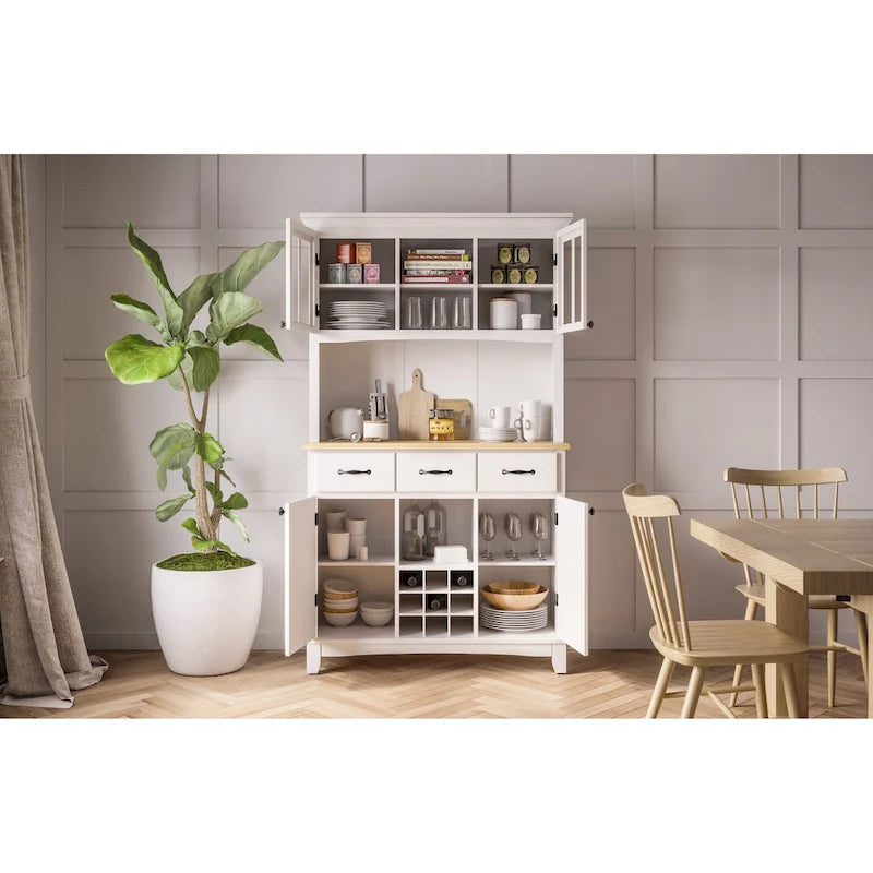 Vaisselier Buffet de Buffets blanc cassé avec surmeuble et plateau en bois