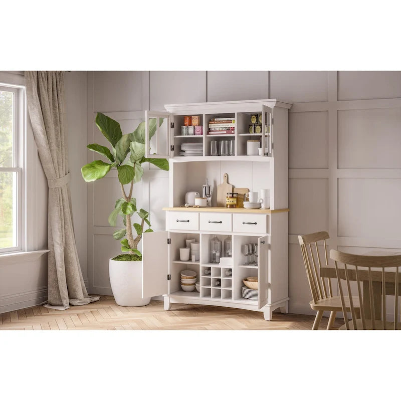 Vaisselier Buffet de Buffets blanc cassé avec surmeuble et plateau en bois