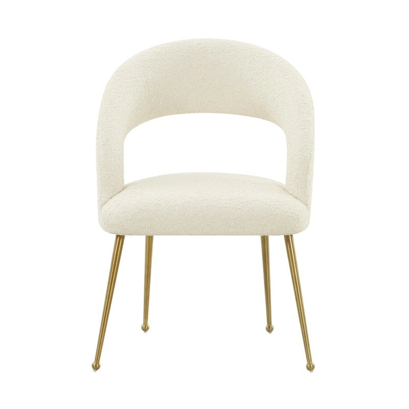 Chaise de salle à manger en bouclette crème/noire – Dossier ouvert incurvé, pieds en acier inoxydable, siège unique