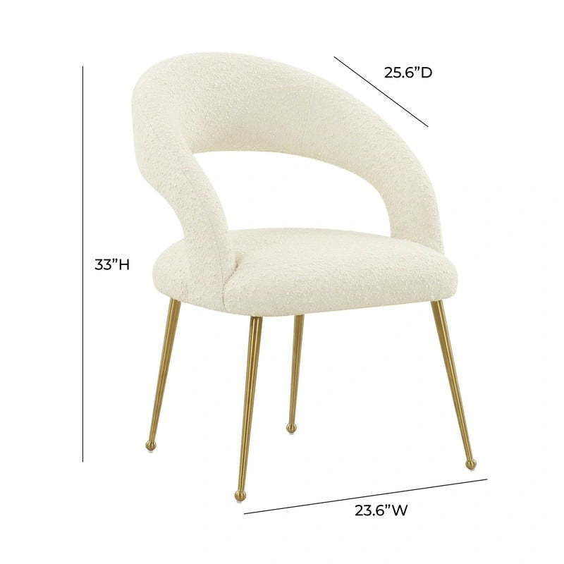 Chaise de salle à manger en bouclette crème/noire – Dossier ouvert incurvé, pieds en acier inoxydable, siège unique