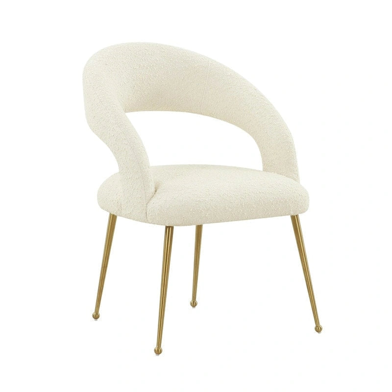 Chaise de salle à manger en bouclette crème/noire – Dossier ouvert incurvé, pieds en acier inoxydable, siège unique