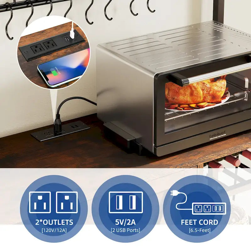 Étagère de cuisine Moasis à 5 niveaux avec prises de courant et ports USB, support de micro-ondes avec porte et étagères