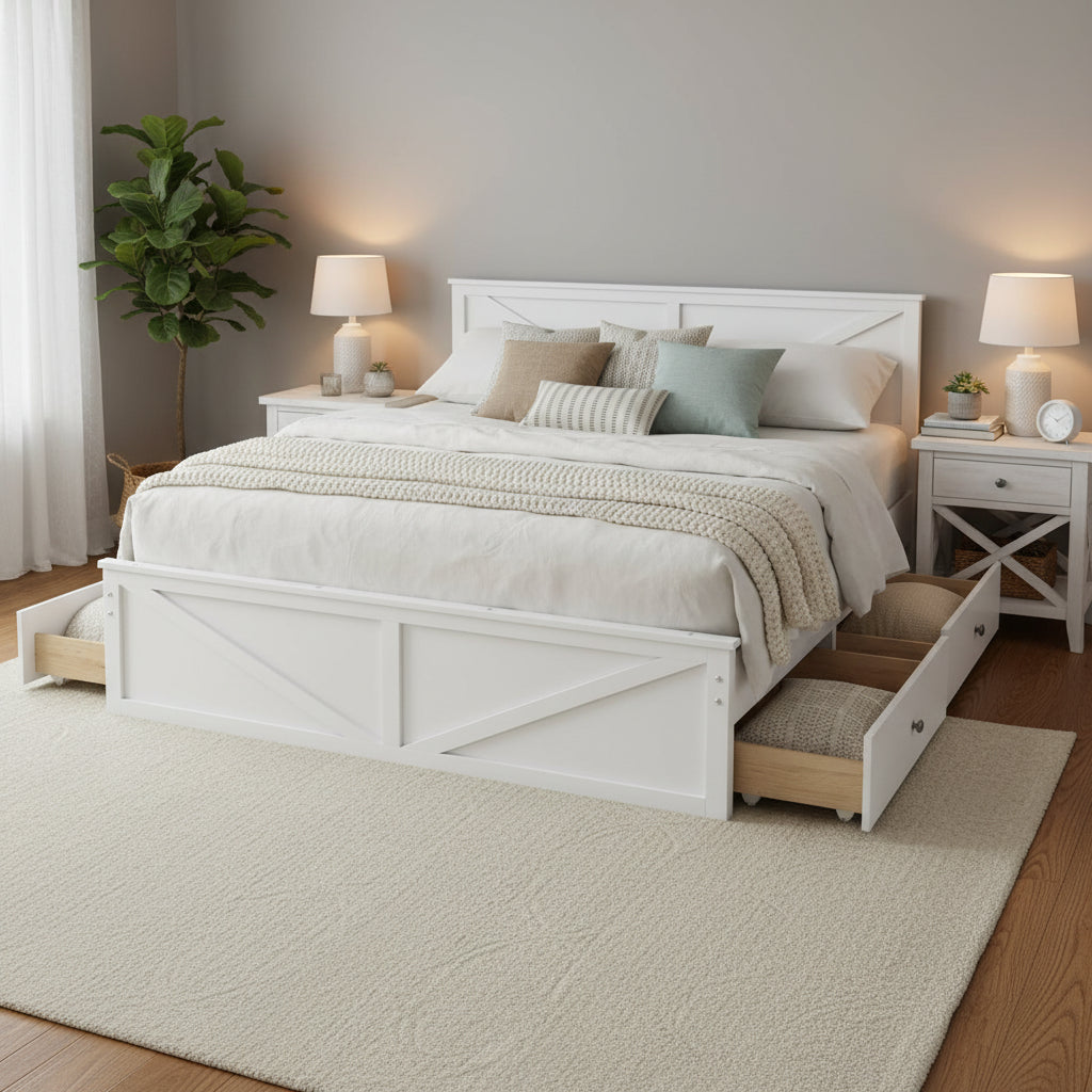 Lit plateforme King Size avec quatre tiroirs de rangement et pieds de support