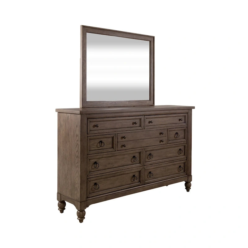 Ensemble de chambre à coucher Americana Farmhouse comprenant un lit traîneau, une commode, un miroir et une table de chevet
