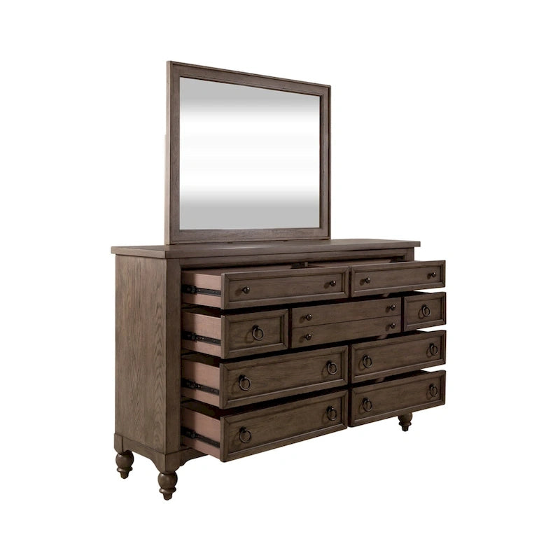 Ensemble de chambre à coucher Americana Farmhouse comprenant un lit traîneau, une commode, un miroir et une table de chevet