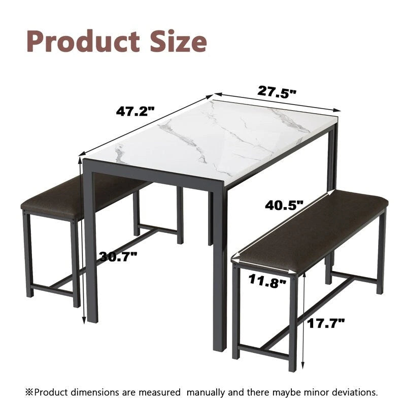 Ensemble de salle à manger 3 pièces en faux marbre, ensemble de table de cuisine avec 2 bancs en cuir PU pour salle à manger, coin petit-déjeuner