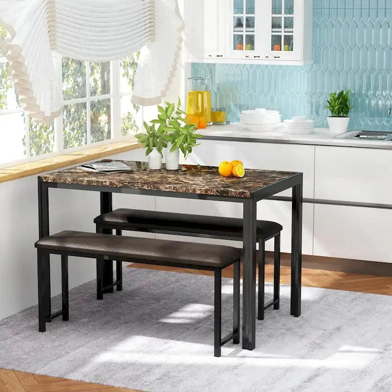 Ensemble de salle à manger 3 pièces en faux marbre, ensemble de table de cuisine avec 2 bancs en cuir PU pour salle à manger, coin petit-déjeuner