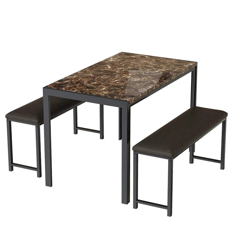 Ensemble de salle à manger 3 pièces en faux marbre, ensemble de table de cuisine avec 2 bancs en cuir PU pour salle à manger, coin petit-déjeuner
