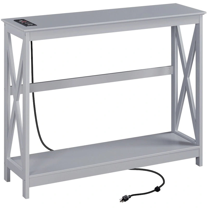 Table d'appoint étroite à 2 niveaux avec prise, longue console industrielle