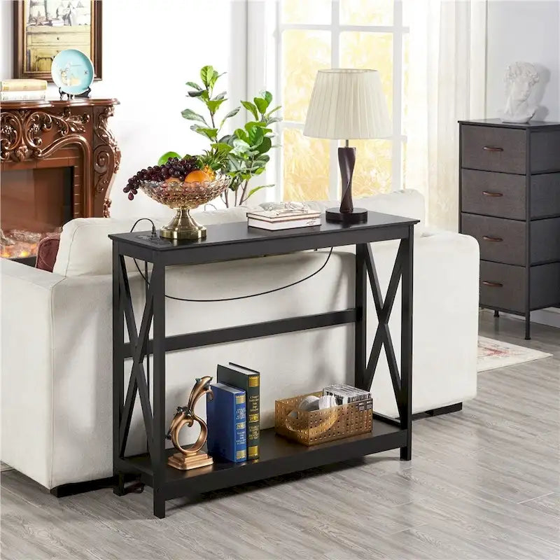 Table d'appoint étroite à 2 niveaux avec prise, longue console industrielle