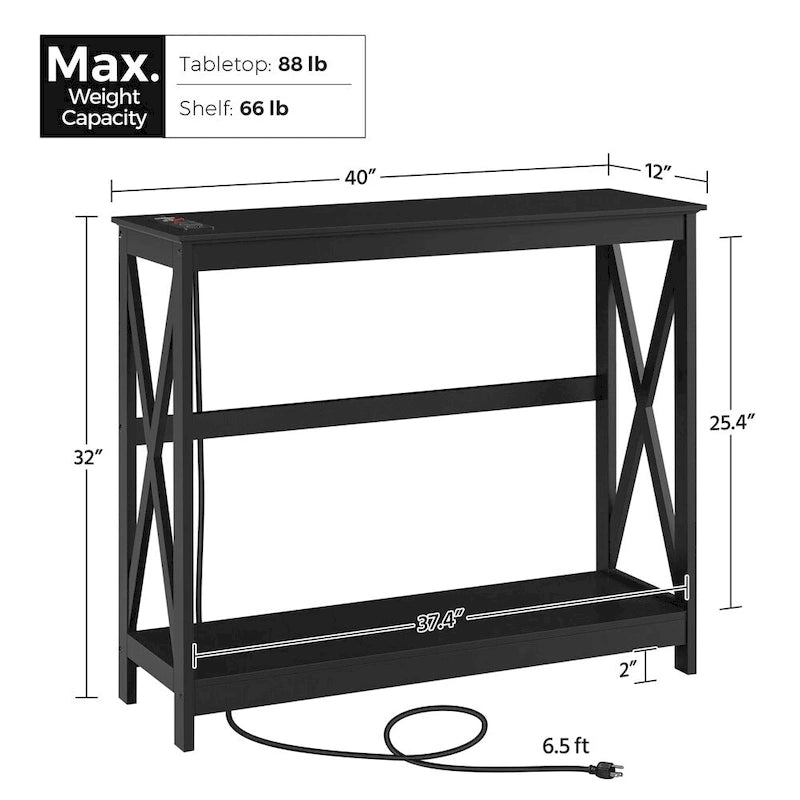 Table d'appoint étroite à 2 niveaux avec prise, longue console industrielle