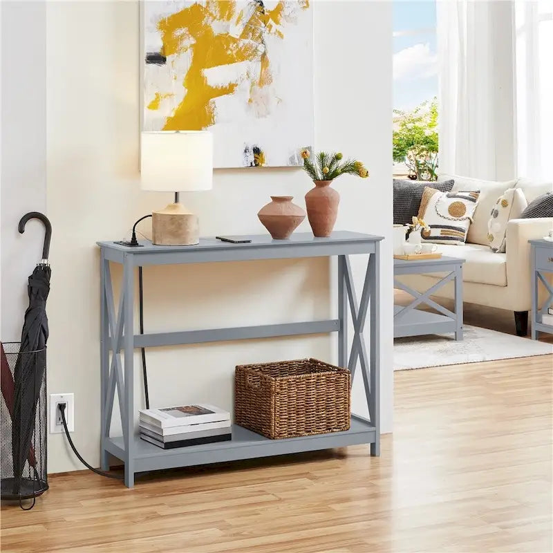 Table d'appoint étroite à 2 niveaux avec prise, longue console industrielle