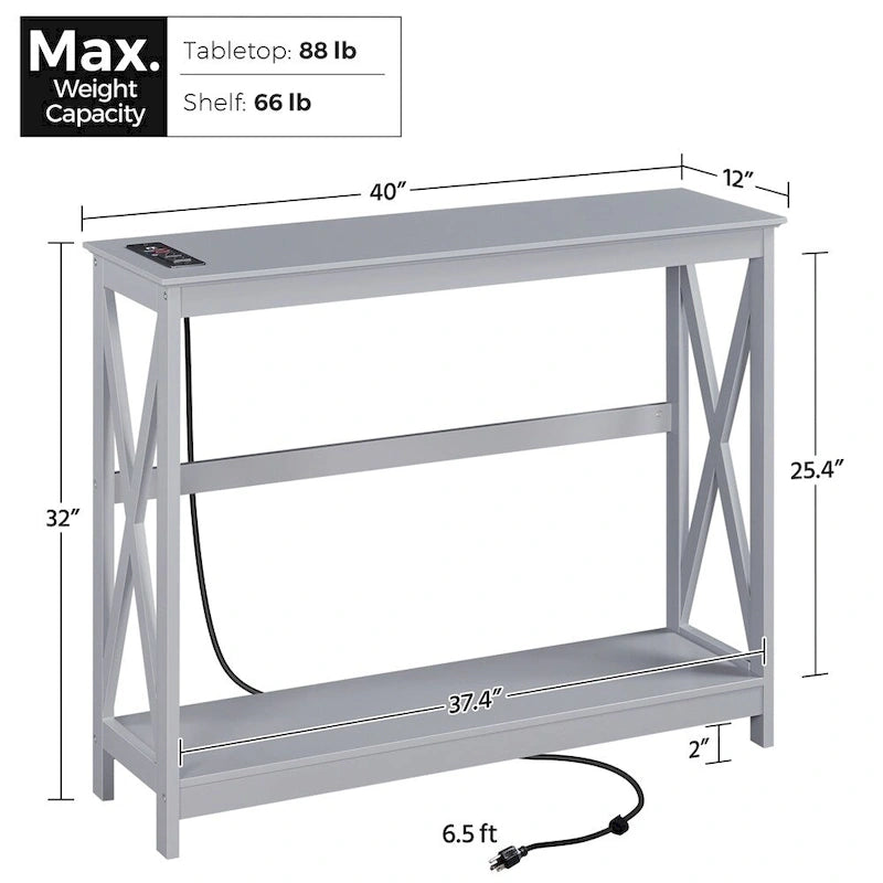 Table d'appoint étroite à 2 niveaux avec prise, longue console industrielle