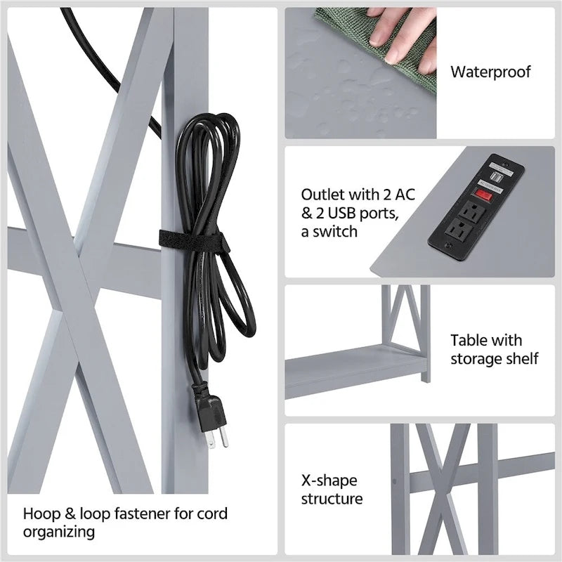 Table d'appoint étroite à 2 niveaux avec prise, longue console industrielle