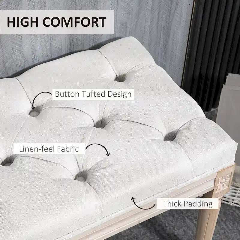 HOMCOM Banc de bout de lit crème et blanc, 46 po, capitonné, rembourrage épais et pieds en bois
