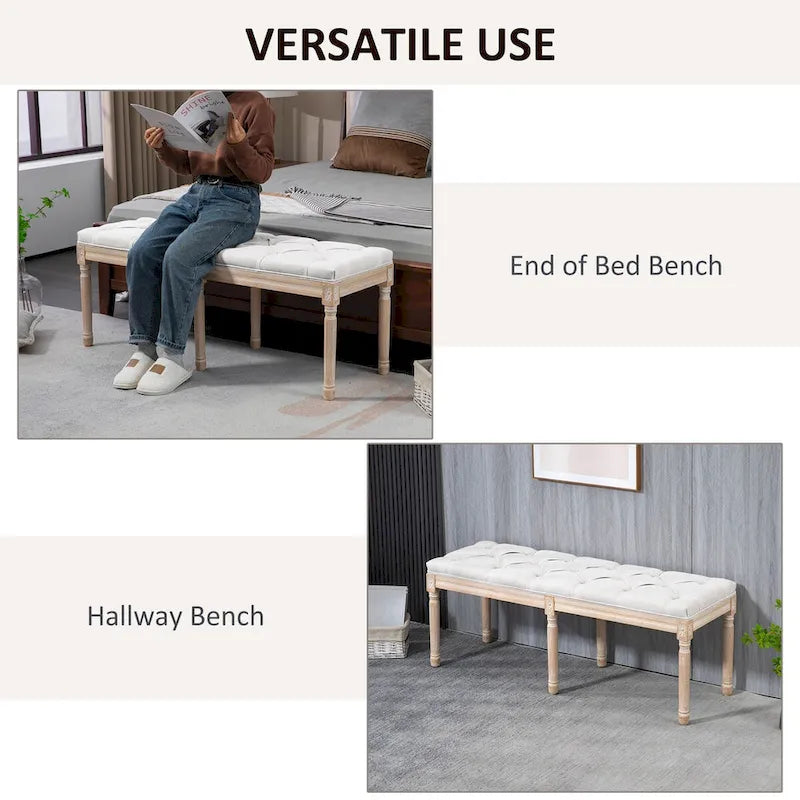 HOMCOM Banc de bout de lit crème et blanc, 46 po, capitonné, rembourrage épais et pieds en bois