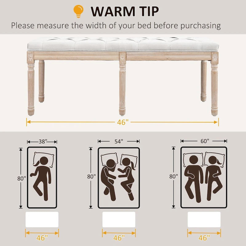 HOMCOM Banc de bout de lit crème et blanc, 46 po, capitonné, rembourrage épais et pieds en bois